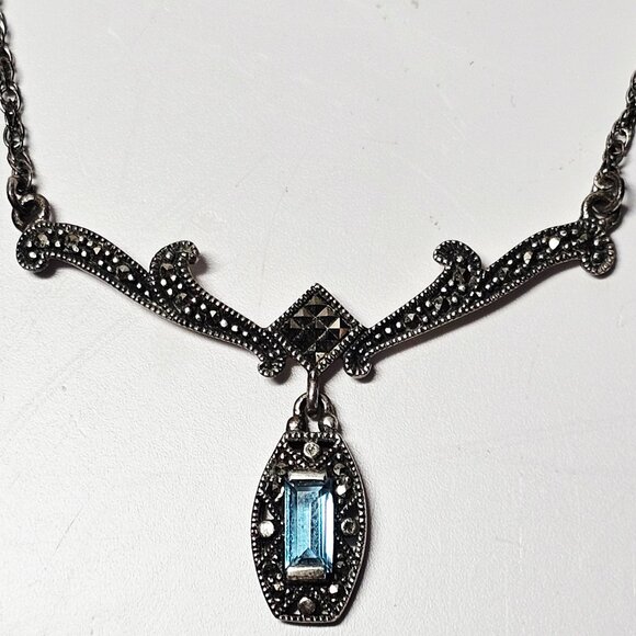Sterling Silver 925 A Blue Gemstone - Marcasite Pendant Necklace - Picture 2 of 6